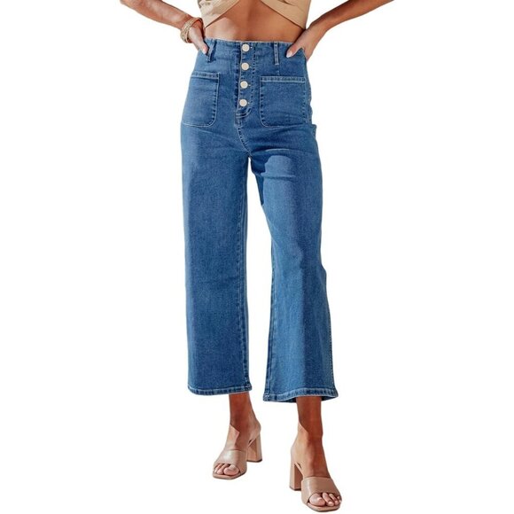 Denim - Women's Wide Leg Jeans Stretchy High Waisted Casual Denim Pants with Pockets